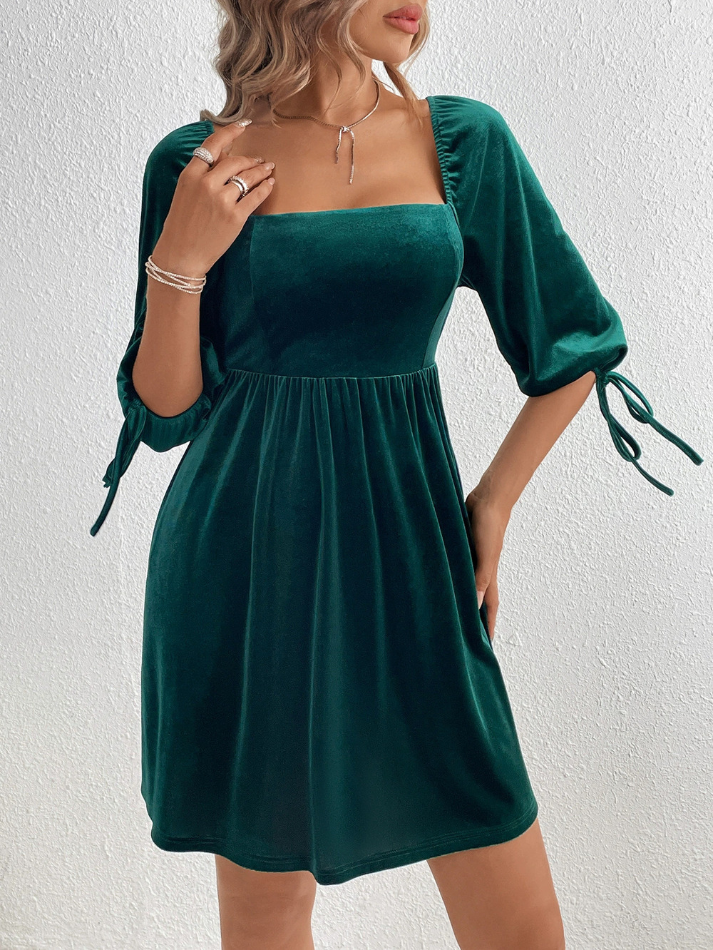 ZARA Velvet Party Square Neck Back Tie High Waist Pullover Mini Dress Women